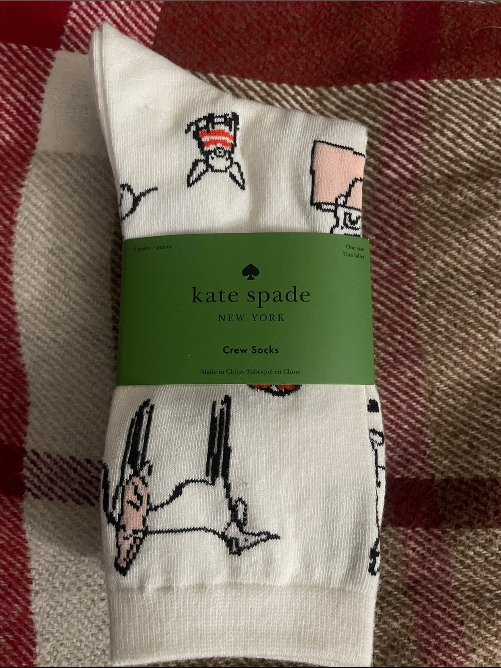 kate spade Crew Socks with Pink and Black Dog Character Motif 3 pairs NWT